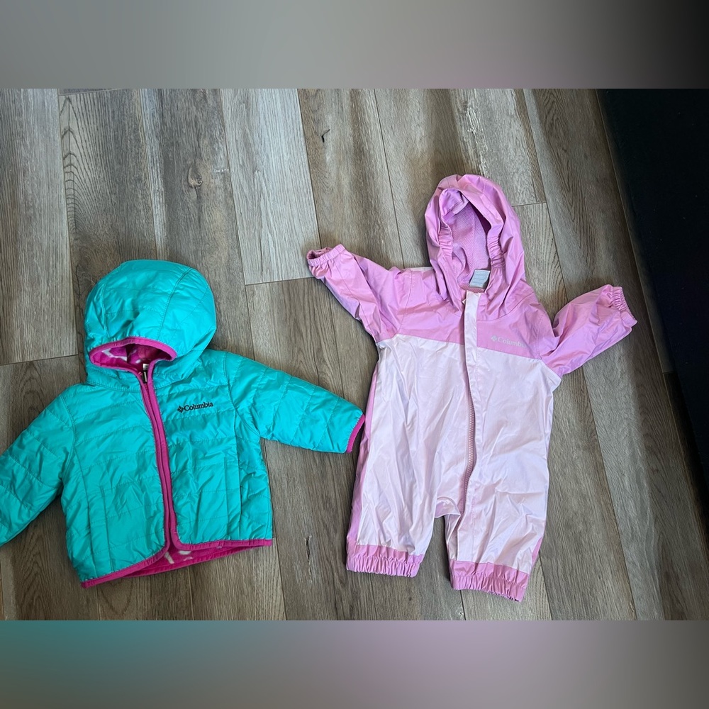 Columbia Teal and Pink Toddler Hooded Jacket with Pink Hooded Rain Coverall